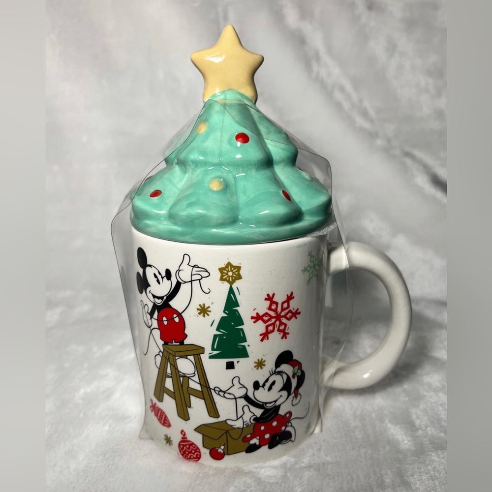NEW Disney Mickey & Minnie Mouse Mug Christmas Tree & Star Topper Lid